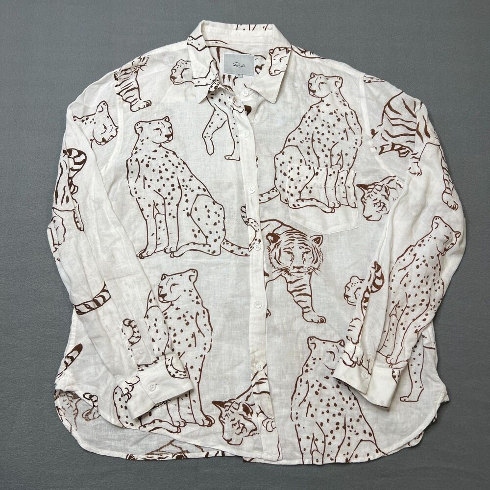 Rails Kathryn Shirt Womens M White Camel Jungle Cats Print Long Sleeve Button-Up
